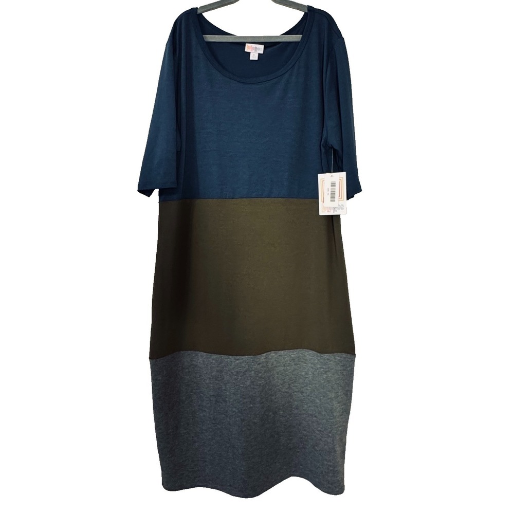 LuLaRoe Julia Dress XL Blue Olive Gray Colorblock Minimalist Capsule Midi Click